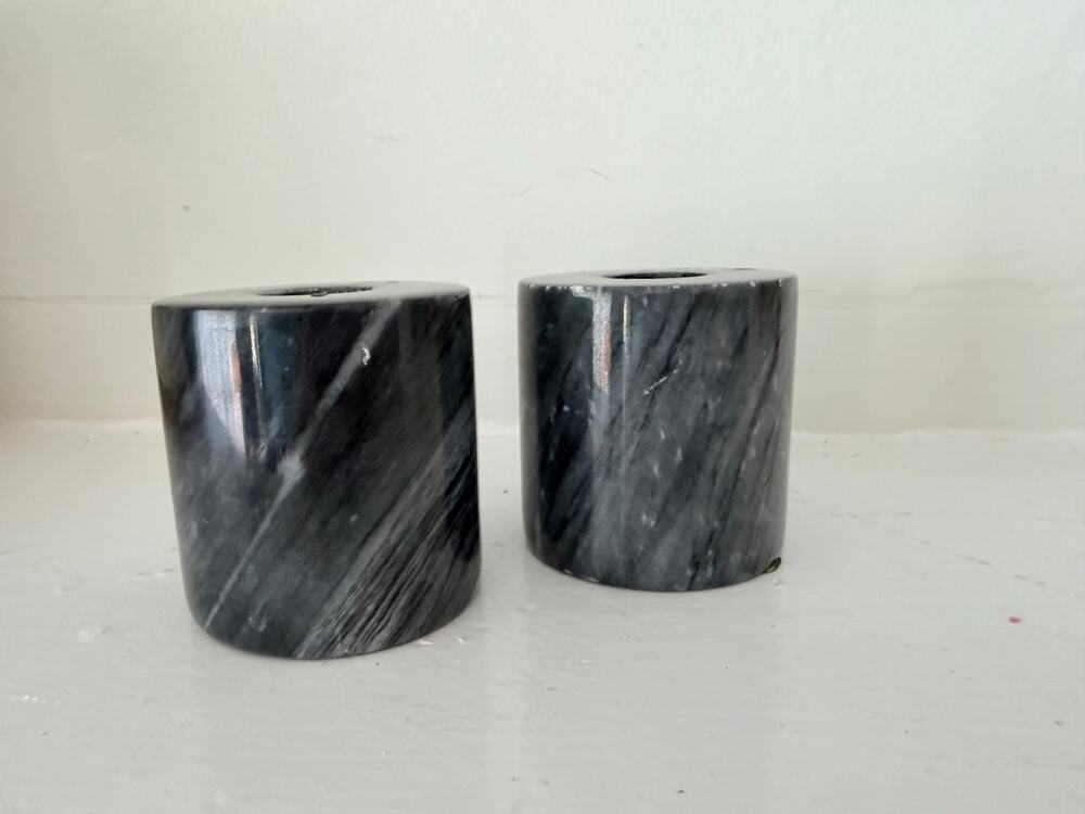 Pair Vintage Gray Black Marble Pillar Candle Holders Cylinder Modern Minimal